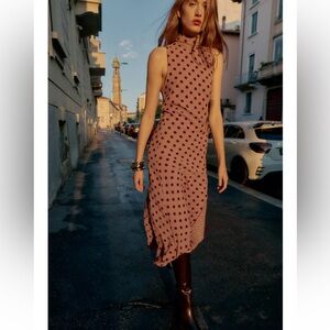 Zara Burgundy Polka Dot Midi Dress